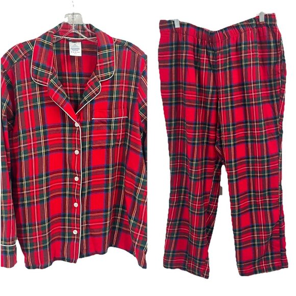 Lands End Red Plaid Cotton Pajama Set Womens Sz Large - Picture 1 of 8